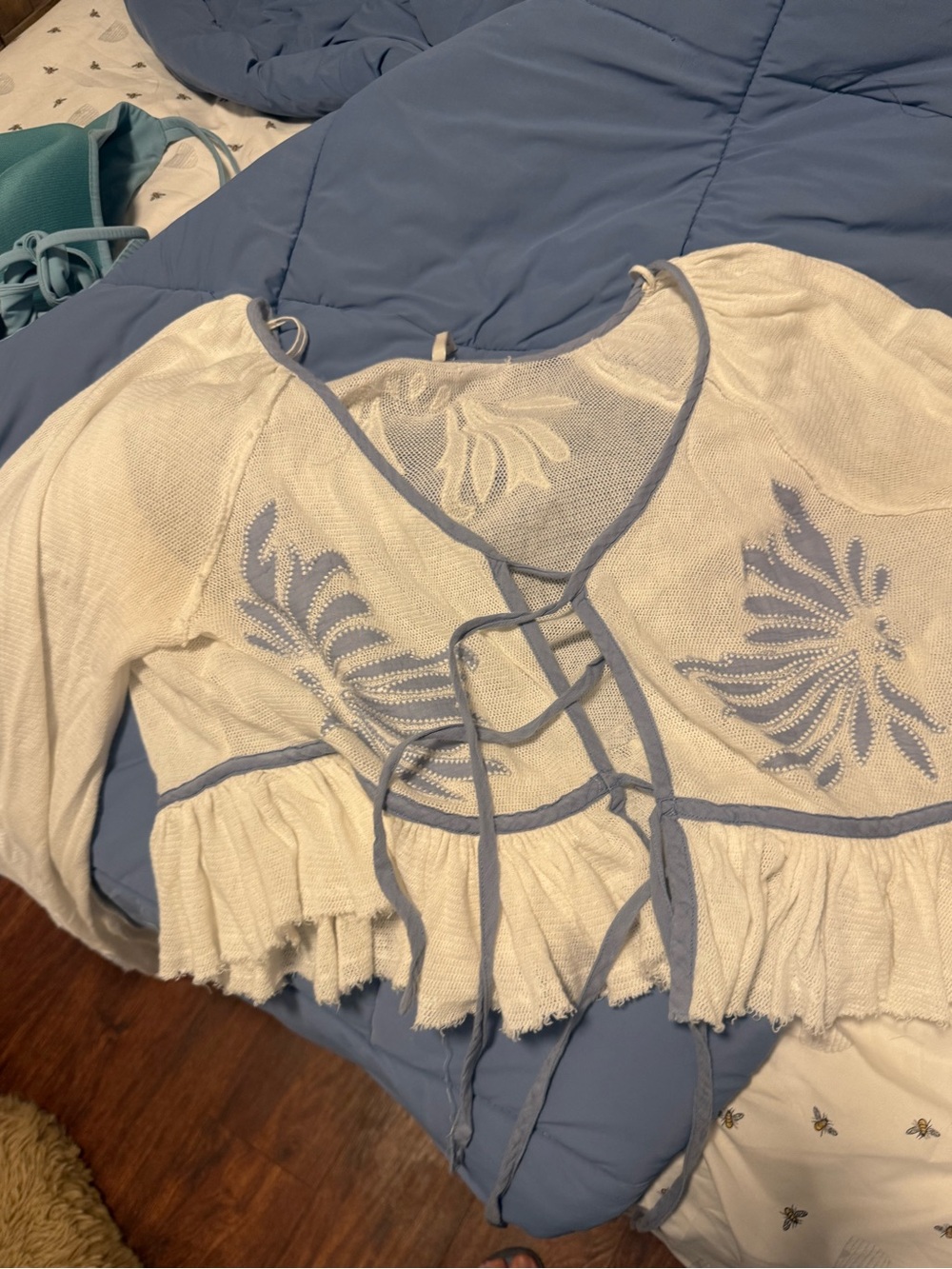Free People White Knit Tie-Front Crop Top with Light Blue Trim